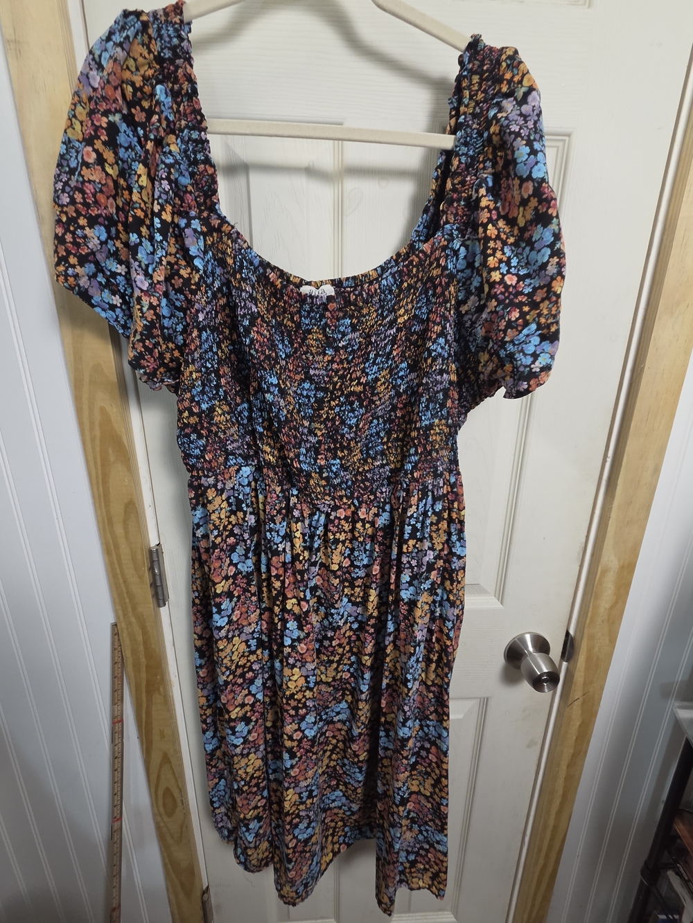 Floral Puff-Sleeve Smocked Dress in Black with Blue & Peach Blossoms #0366